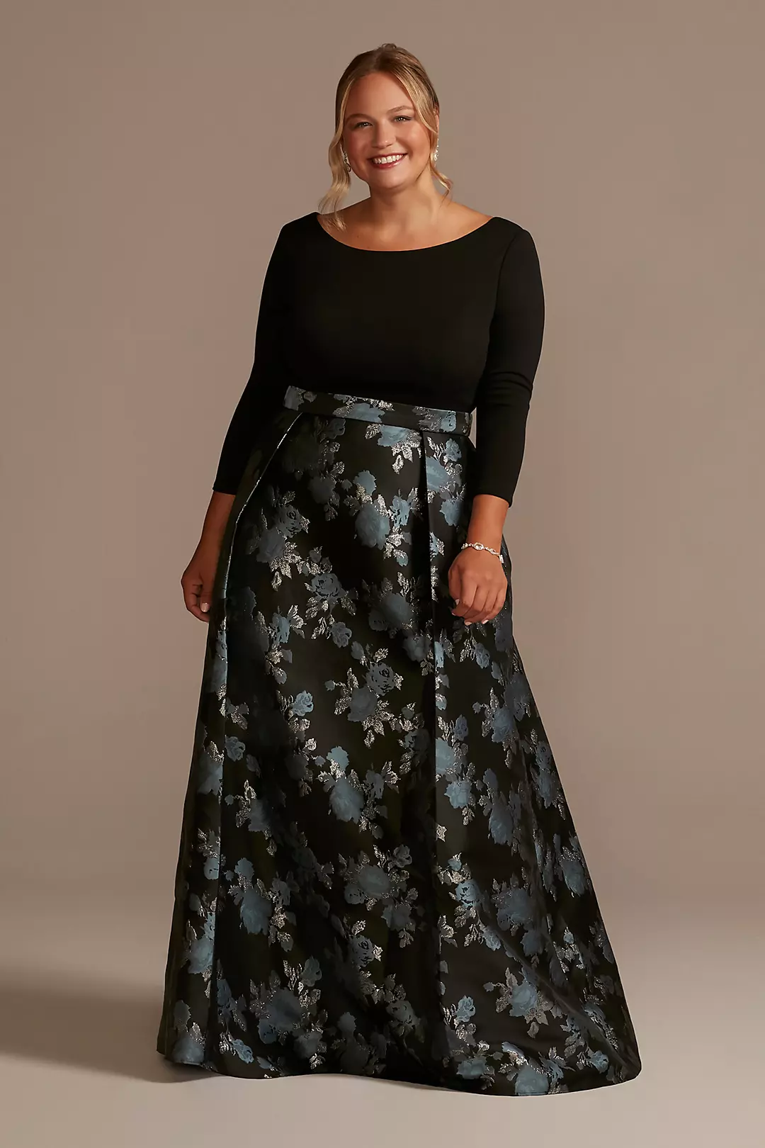 Crepe Ball Gown with Pleated Brocade Skirt - Image 4