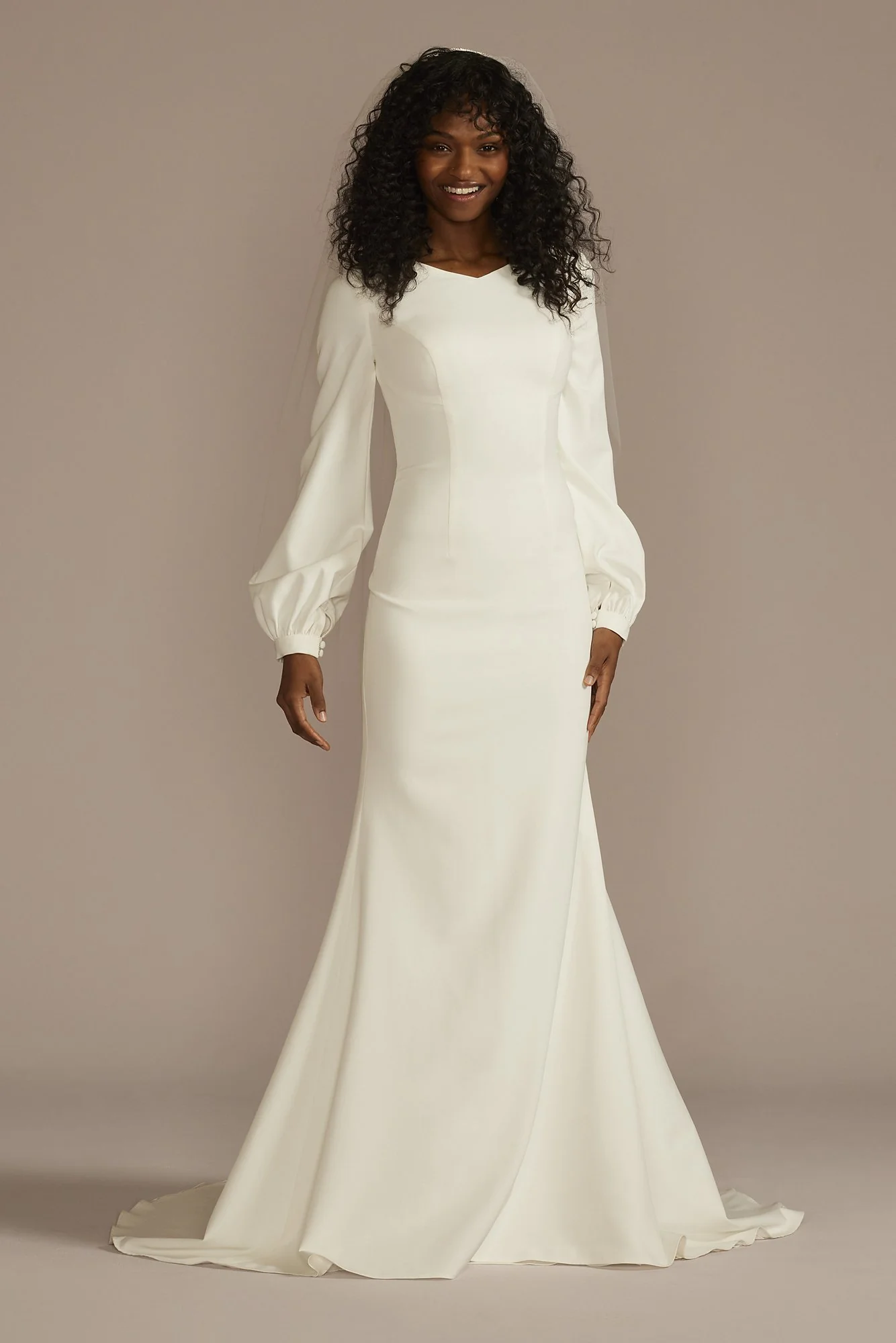 Crepe Billow Sleeve Modest Mermaid Wedding Dress - Image 2