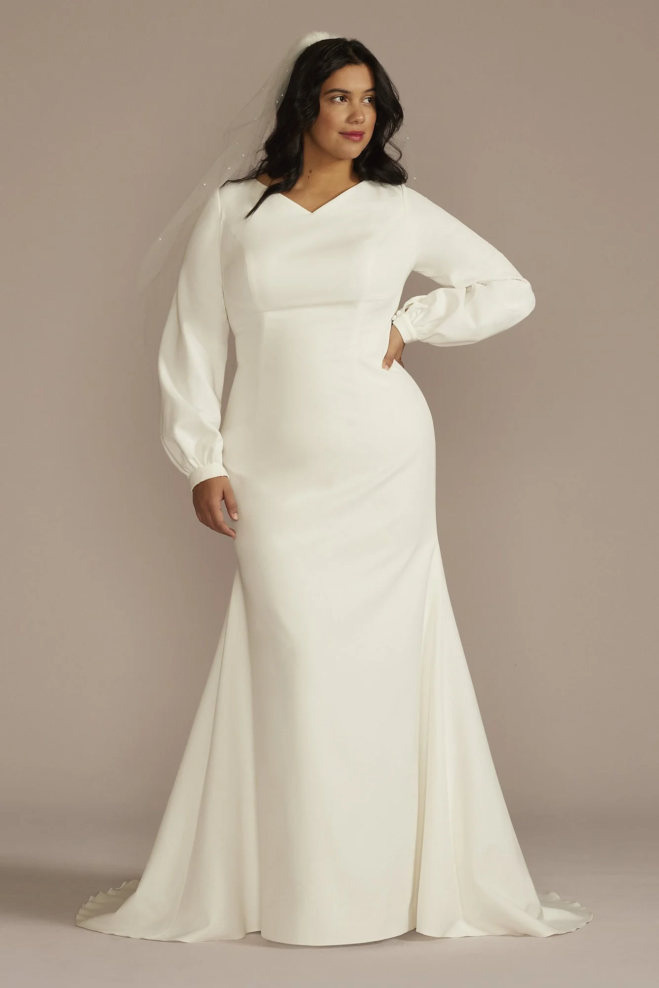 Crepe Billow Sleeve Modest Mermaid Wedding Dress - Image 4