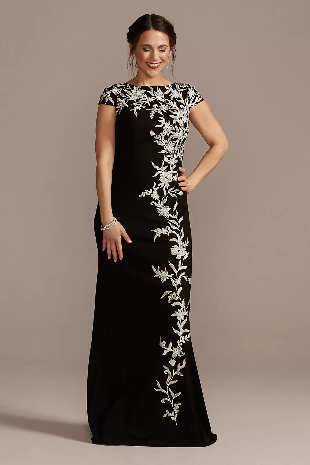 Crepe Cap-Sleeve Gown with Embroidered Flowers - Image 11