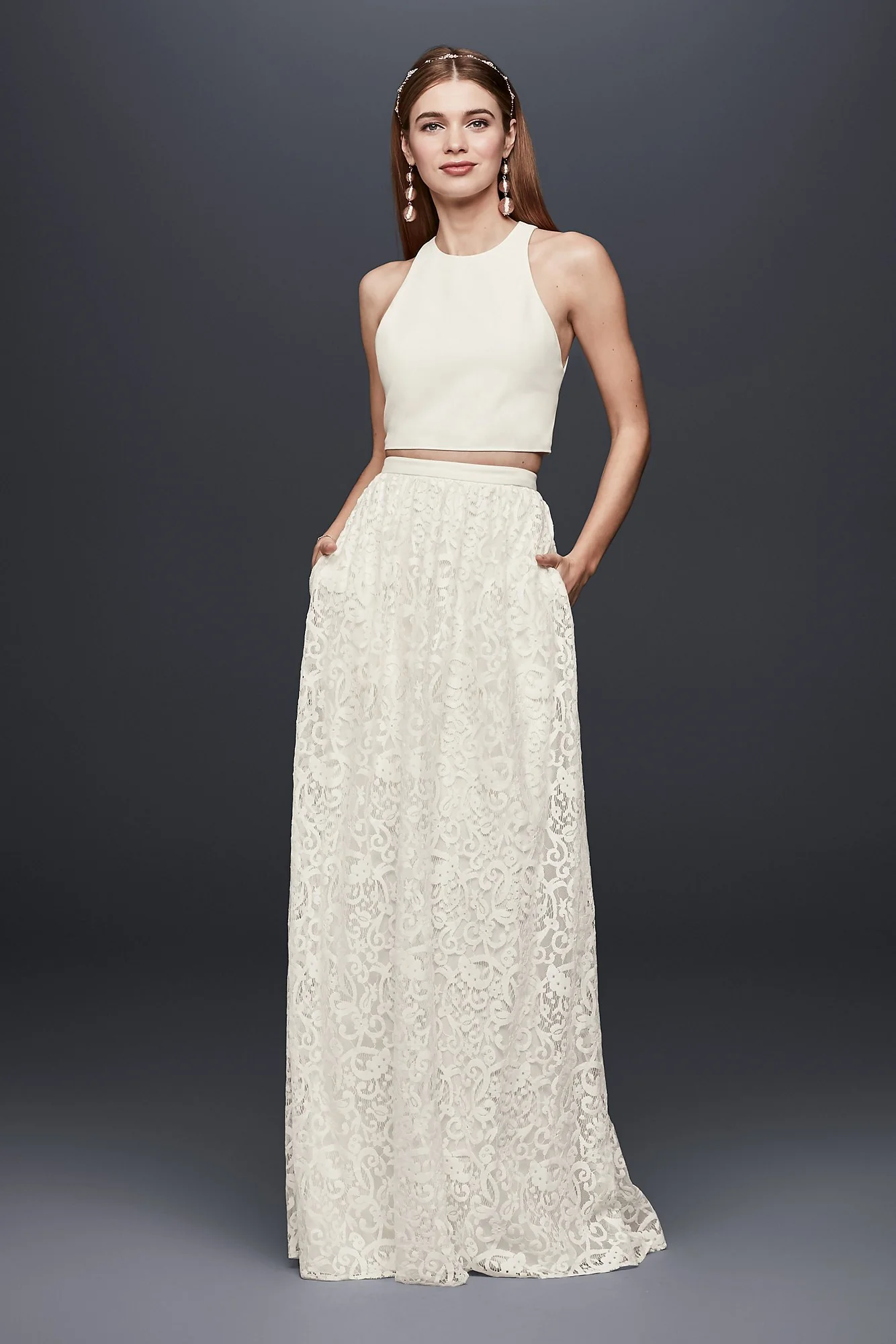 Crepe Crop Top and Lace Maxi Skirt Set - Image 2