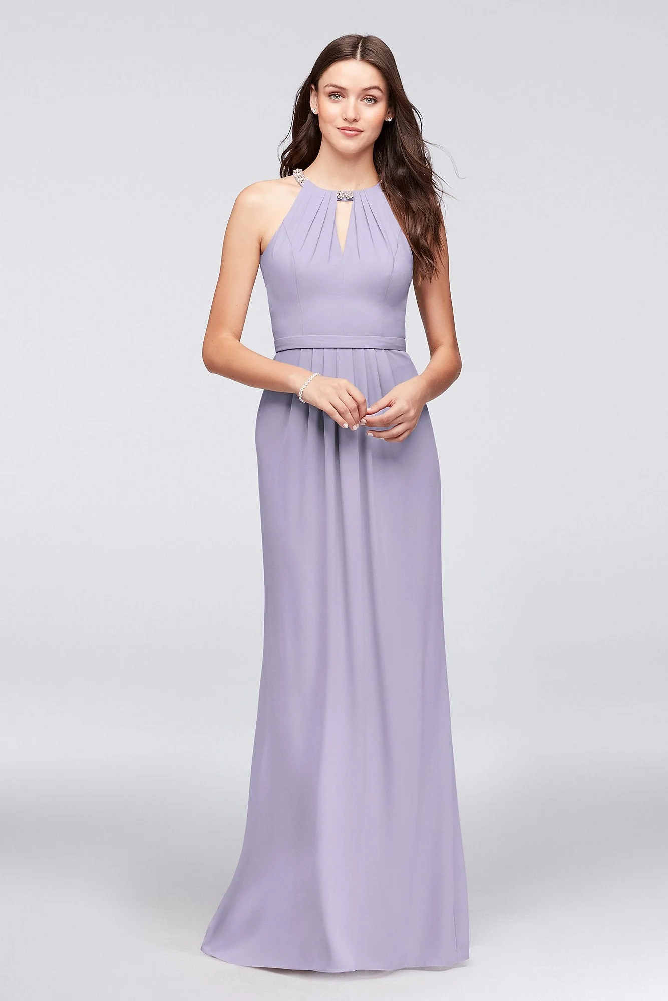 Crepe Halter Bridesmaid Dress with Beaded Neckline - Image 2