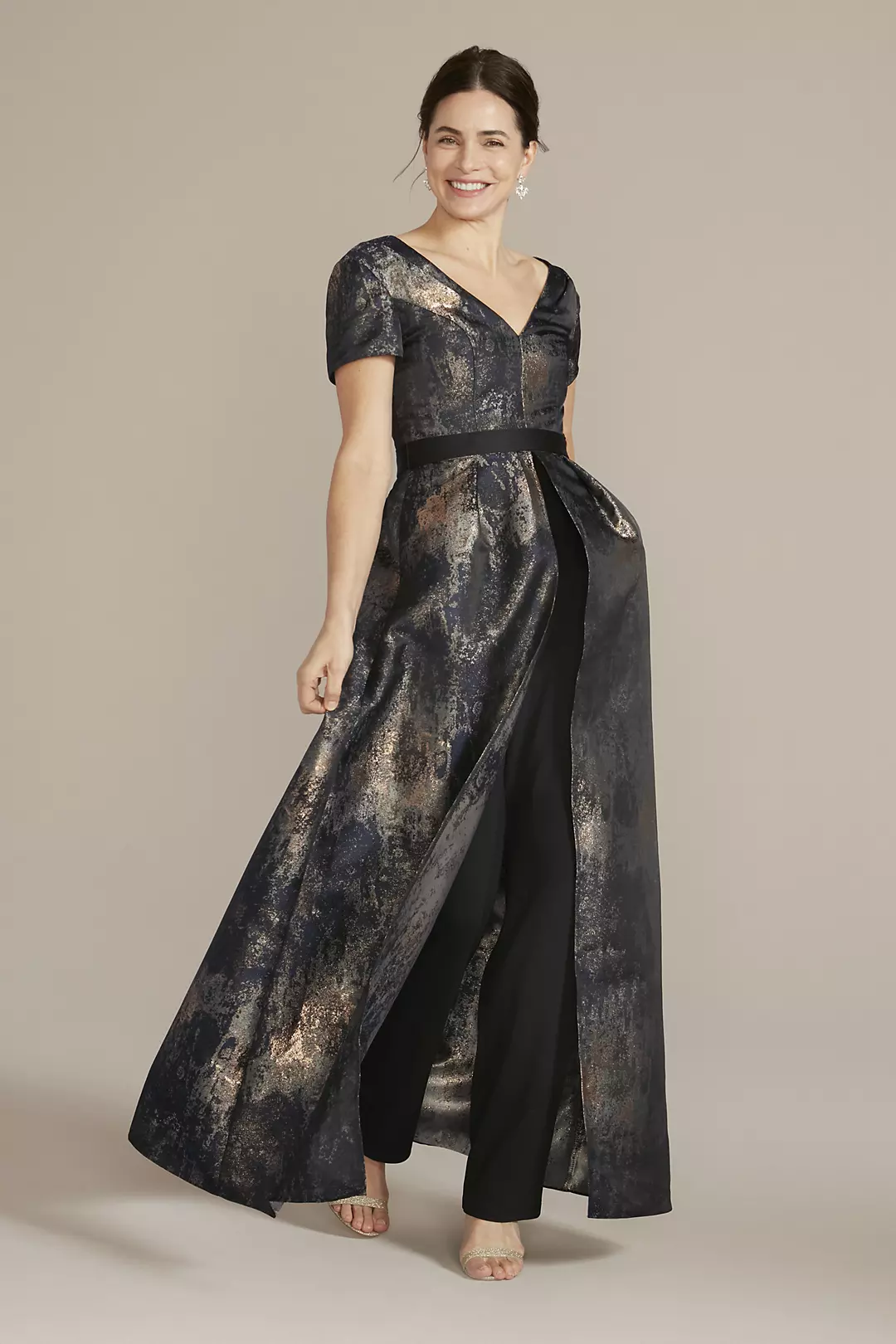 Crepe Pantsuit with Brocade Skirt Overlay