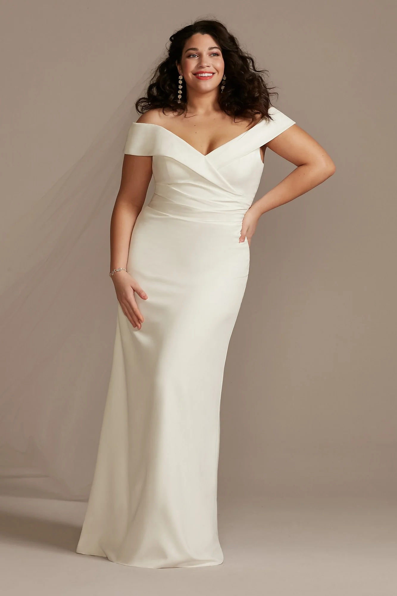 Crepe Off-the-Shoulder Sheath Wedding Dress - Image 3