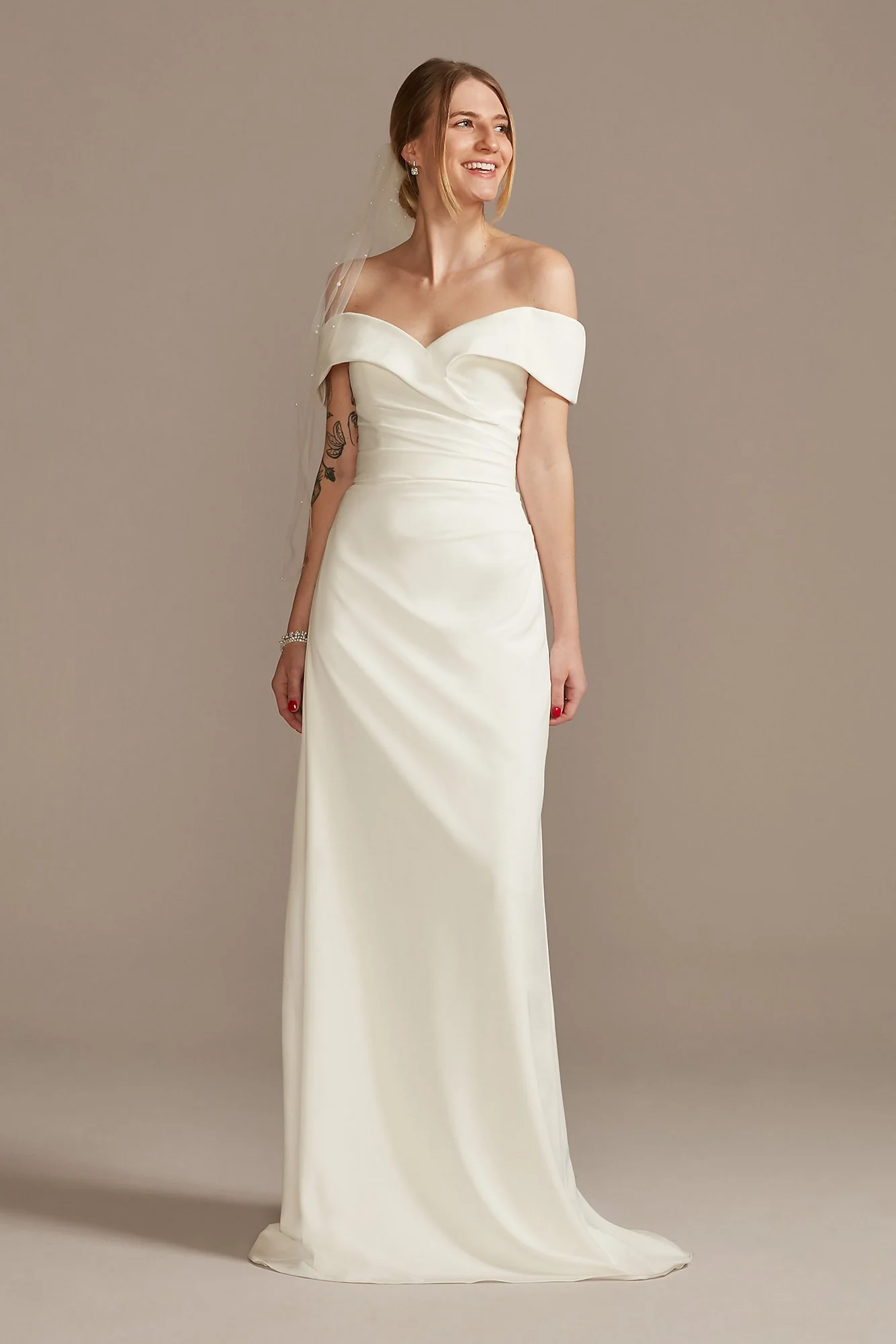 Crepe Off-the-Shoulder Sheath Wedding Dress - Image 4