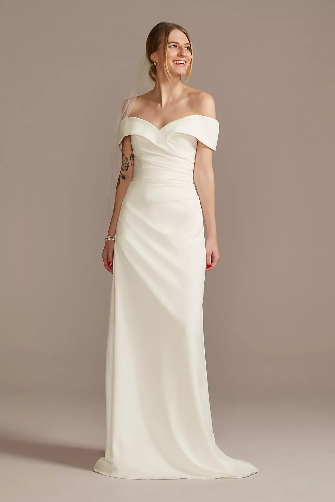 Crepe Off-the-Shoulder Sheath Wedding Dress - Image 7