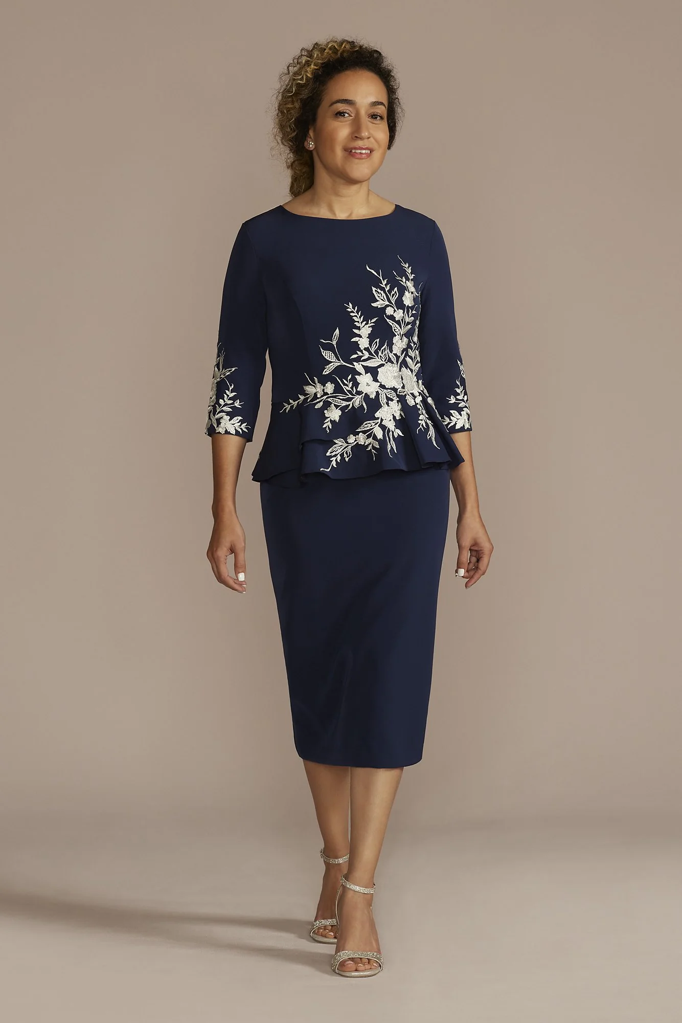 Crepe Peplum Dress with Floral Embroidery