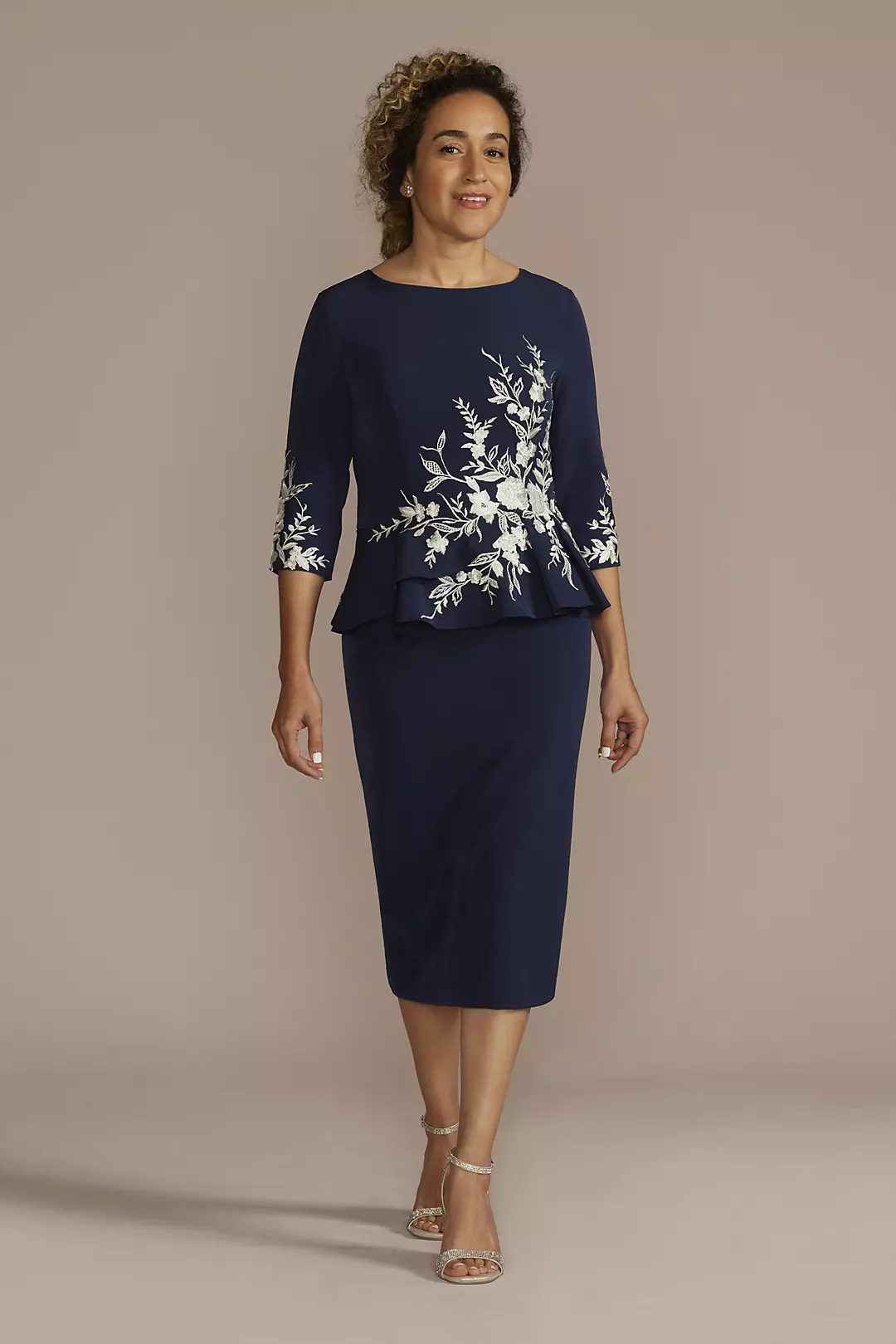 Crepe Peplum Dress with Floral Embroidery - Image 2