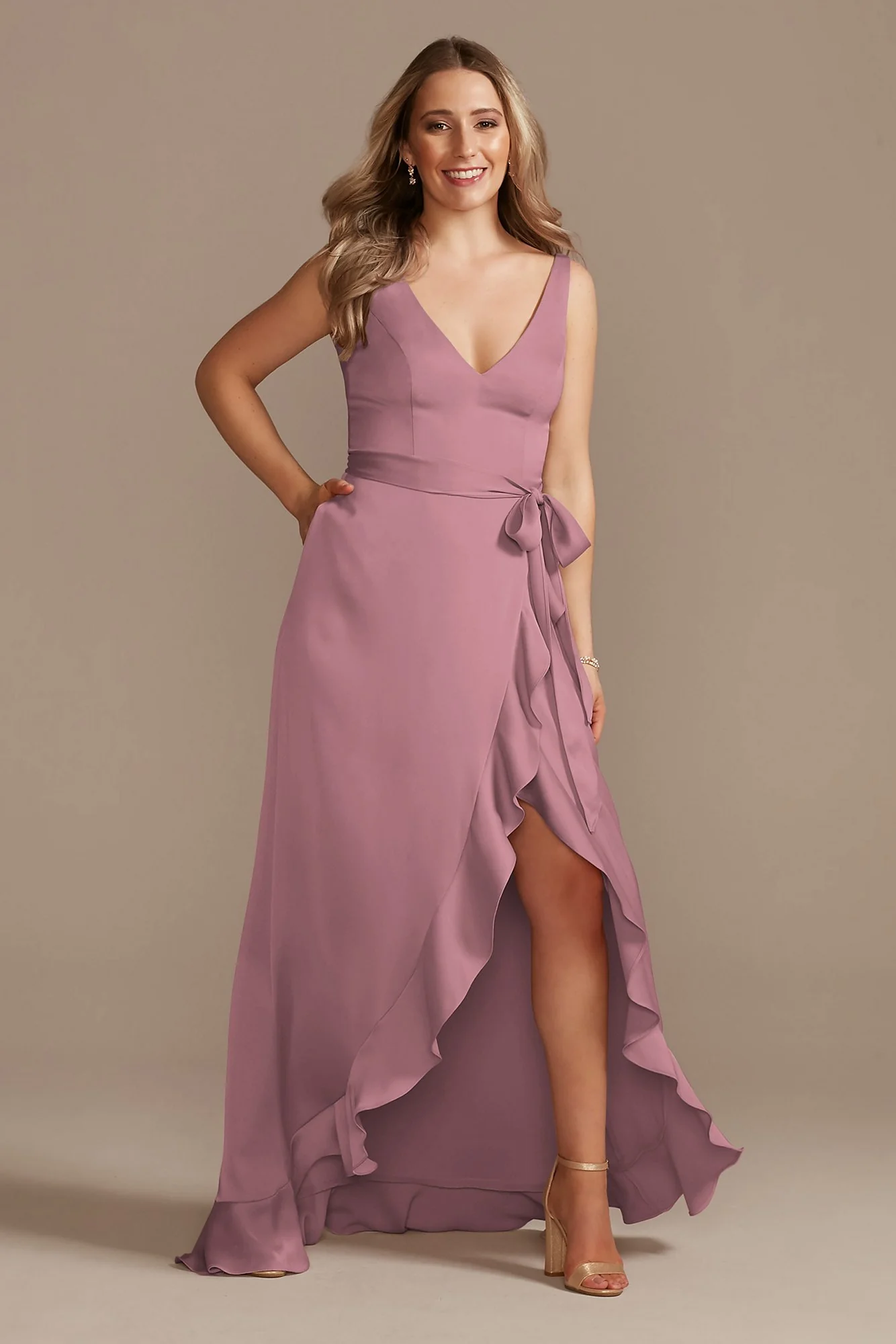 Crepe Satin Ruffle High-Low Dress - Image 3