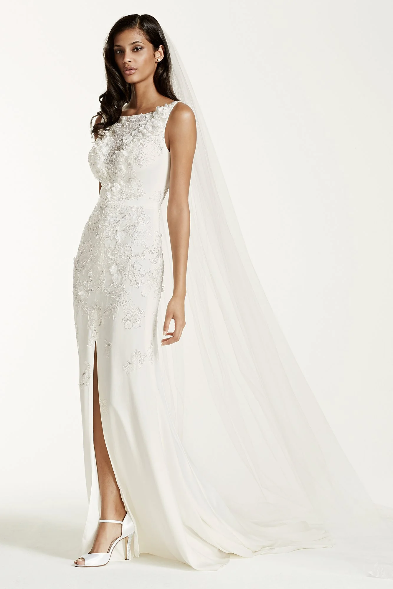 Crepe Sheath Gown with 3D Flowers and Front Slit