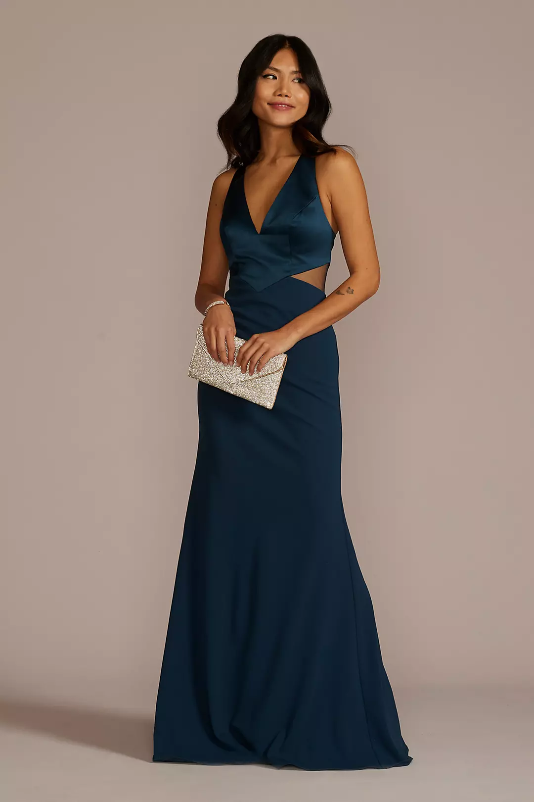 Crepe Sheath Plunge Long Gown with Illusion Cutout - Image 31