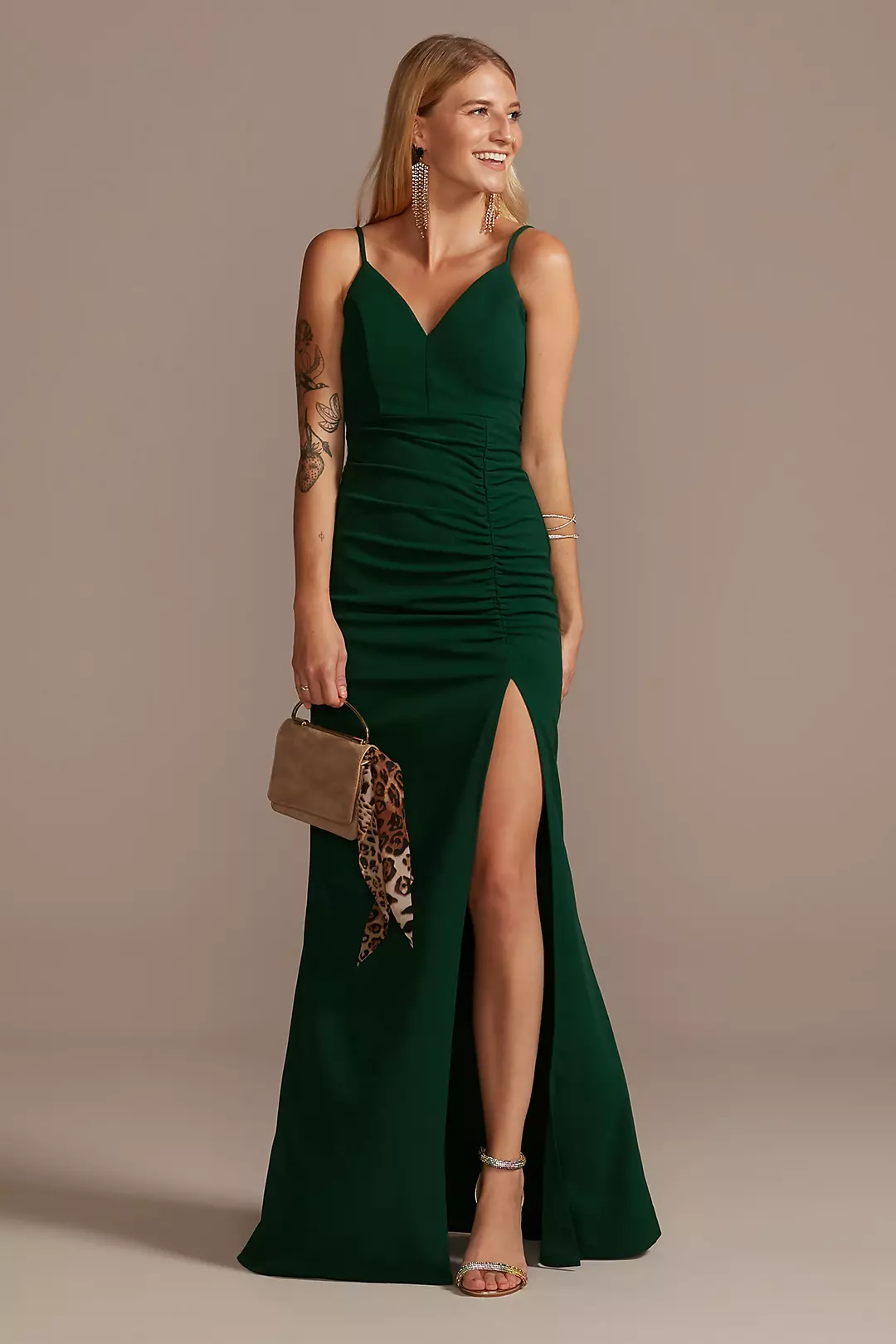 Crepe Spaghetti Strap Gown with Ruching - Image 12