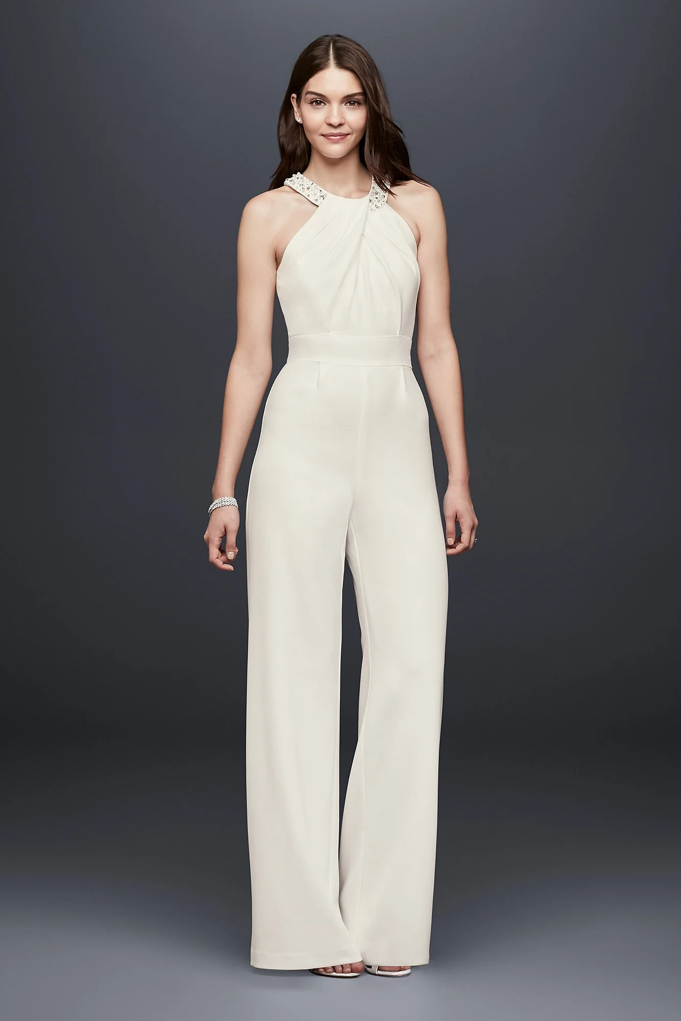 Crepe Wide-Leg Jumpsuit with Crystal Neckline - Image 2