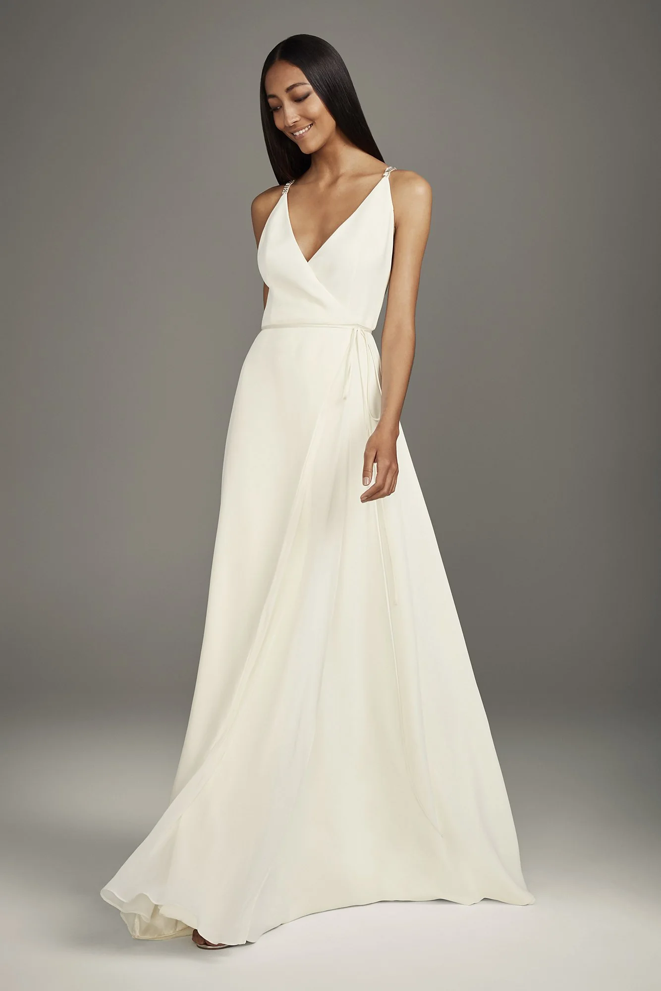 Crepe Wrap Gown with Jeweled Crisscross Low Back - Image 2