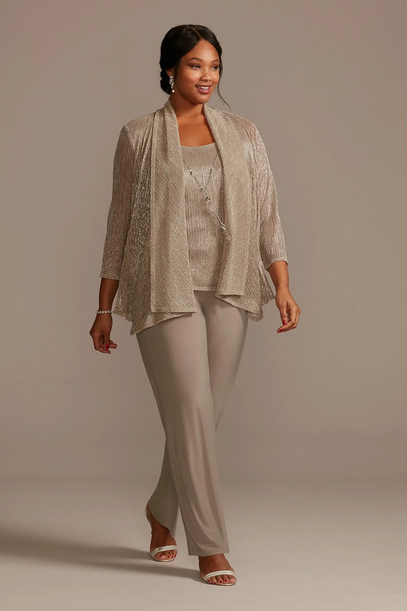 Crinkle Chiffon Metallic Three Piece Pant Suit Set - Image 2