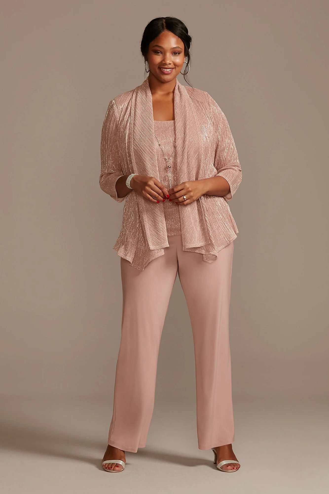 Crinkle Chiffon Metallic Three Piece Pant Suit Set - Image 6