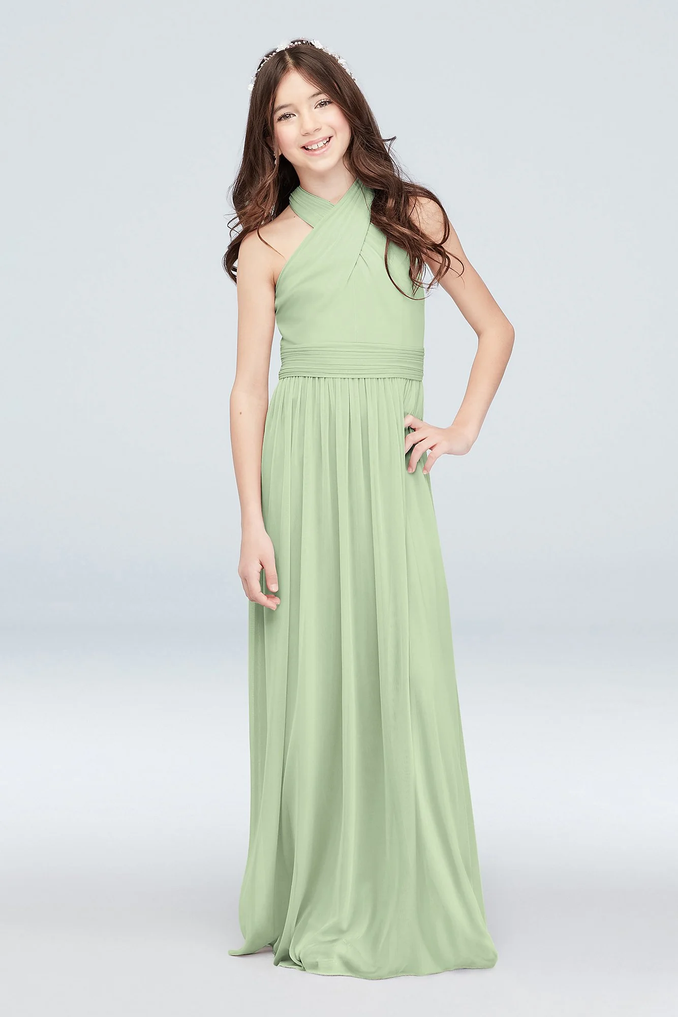 Crisscross High Neck Mesh Junior Bridesmaid Dress - Image 25