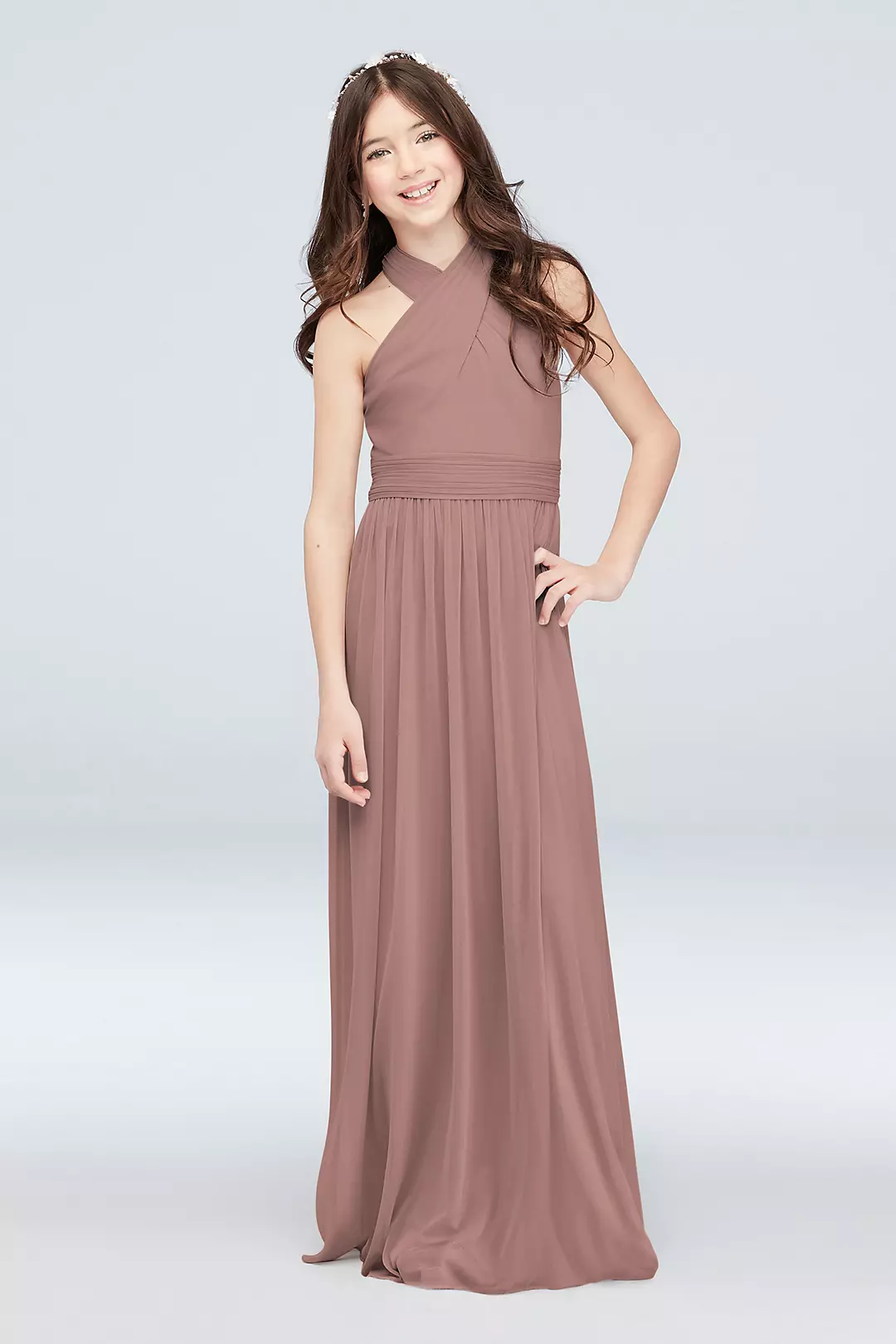 Crisscross High Neck Mesh Junior Bridesmaid Dress - Image 38