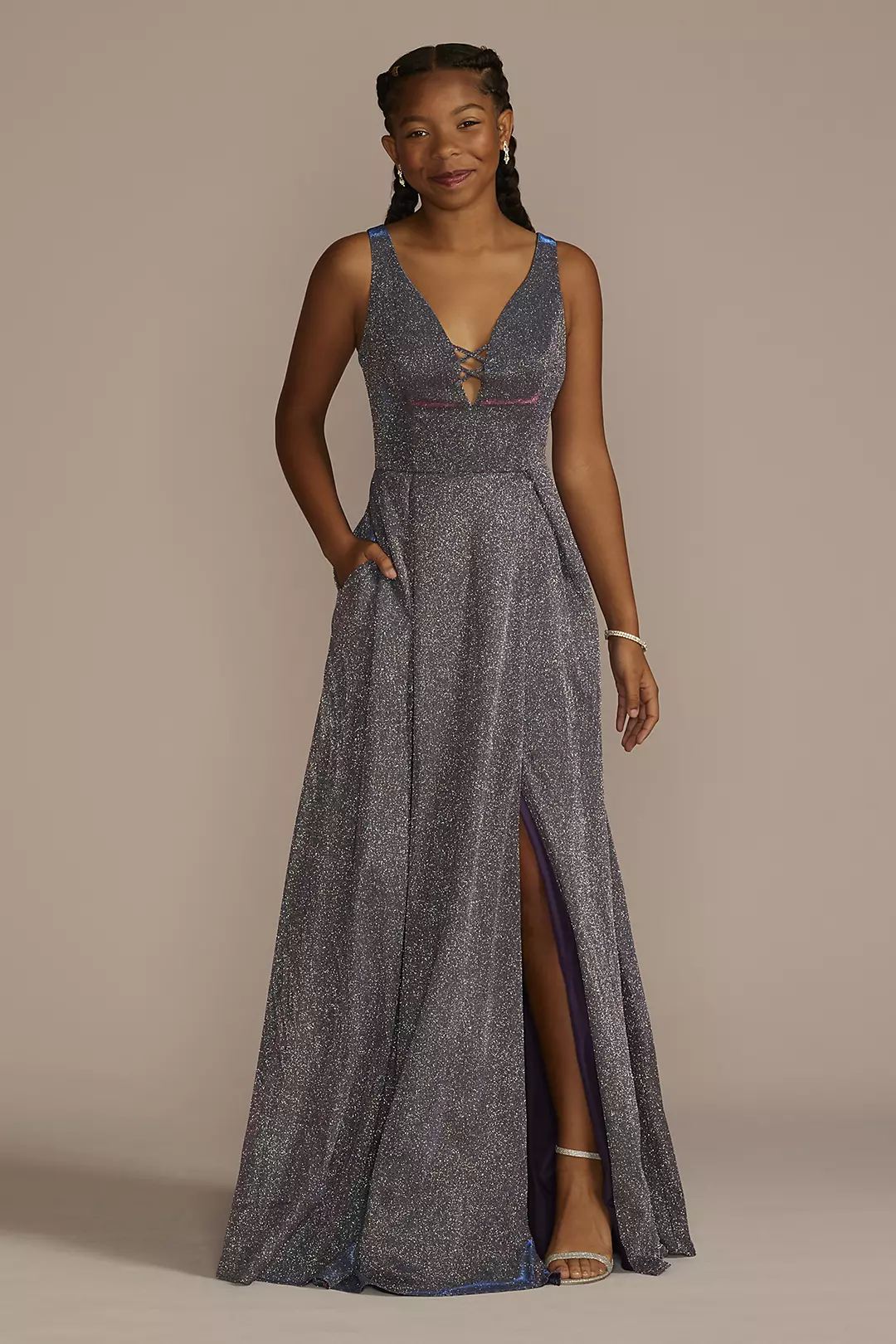 Crisscross Plunge Neck Iridescent Ball Gown - Image 4