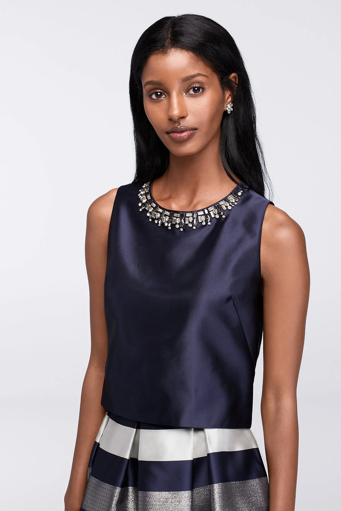 Cropped Jacquard Top with Beaded Neckline - Image 2