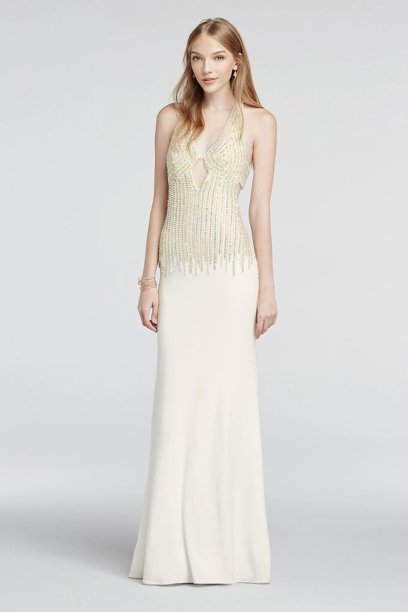 Crystal and Pearl Beaded Deep V-Plunge Prom Dress