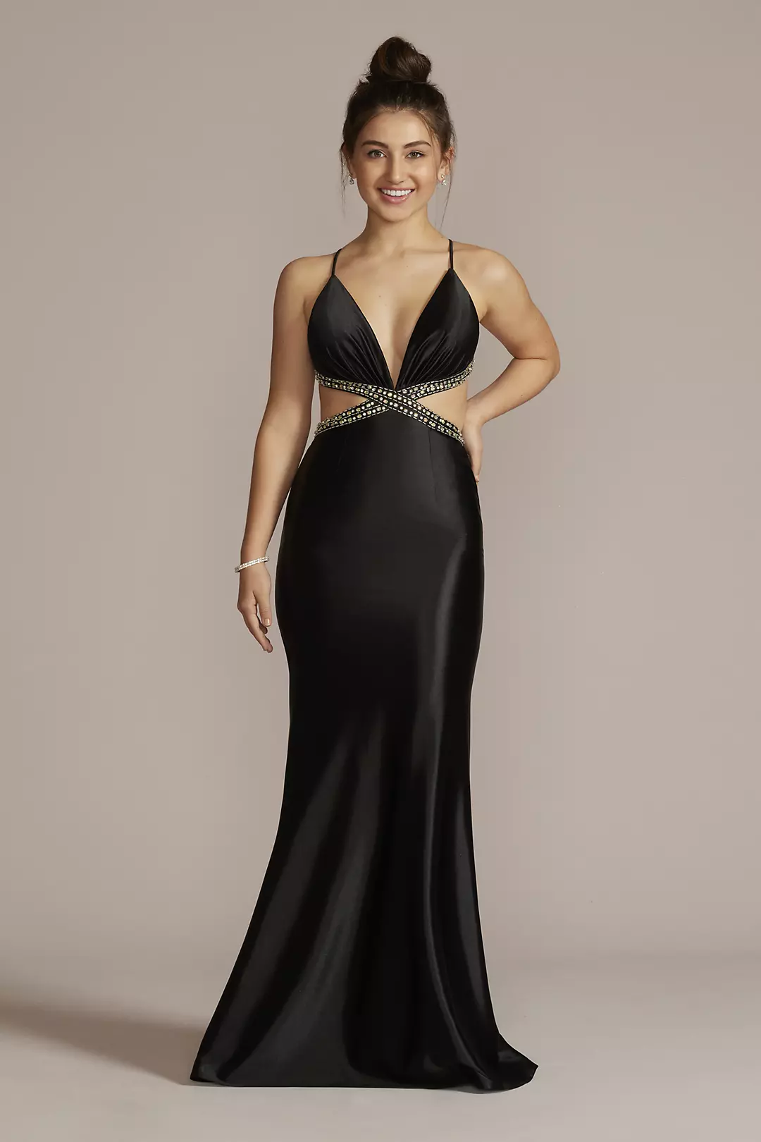 Crystal Beaded Cutout Satin Prom Dress - Image 2