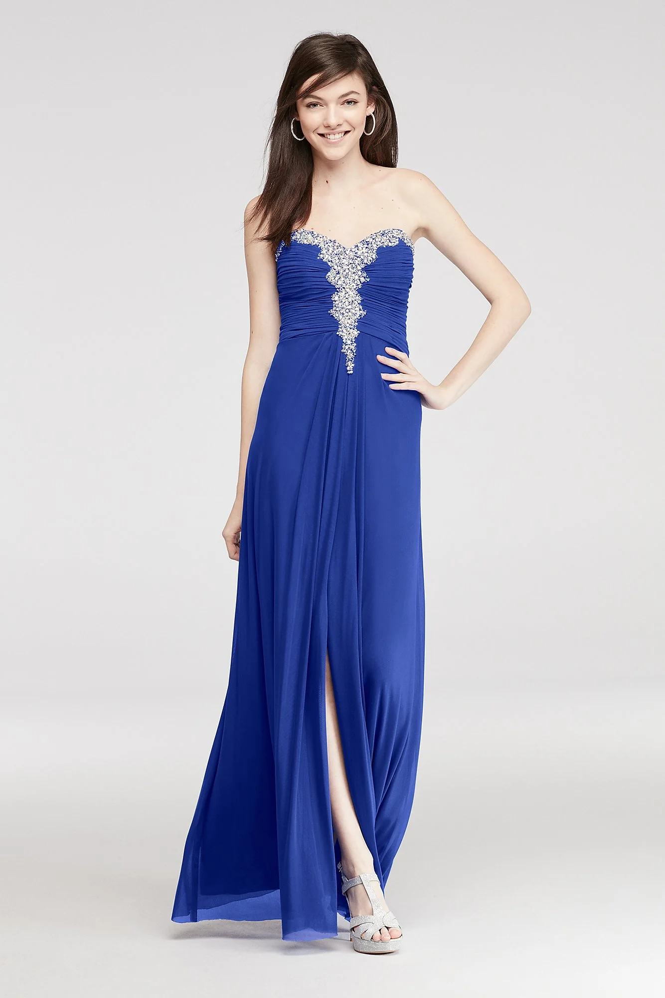 Crystal Beaded Neckline Long Mesh Prom Dress - Image 2