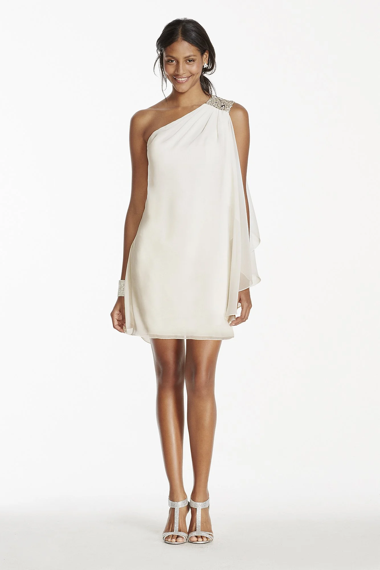 Crystal Beaded One Shoulder Short Chiffon Dress