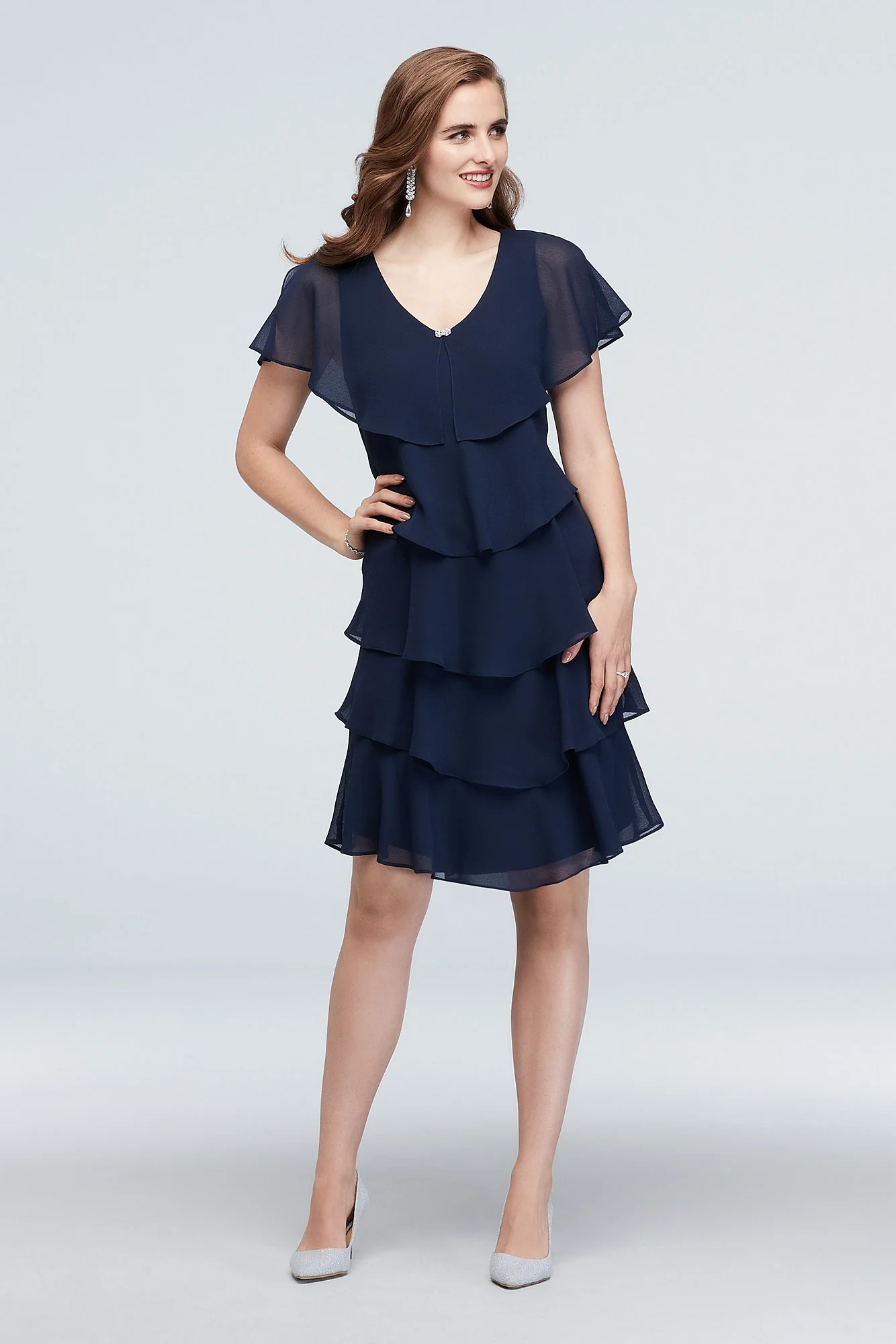 Crystal Closure Capelet Dress with Georgette Tiers - Image 2