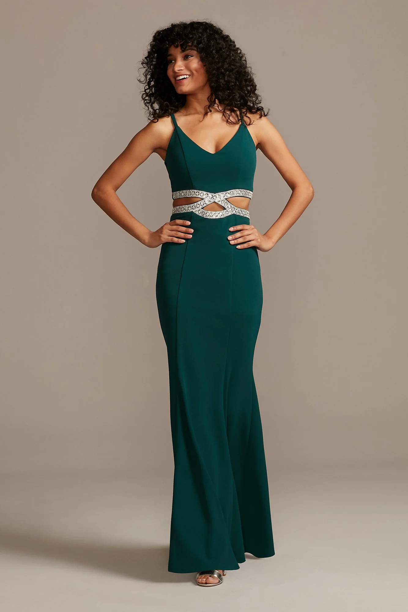 Crystal Cutout Waist Spaghetti Strap V-Neck Dress