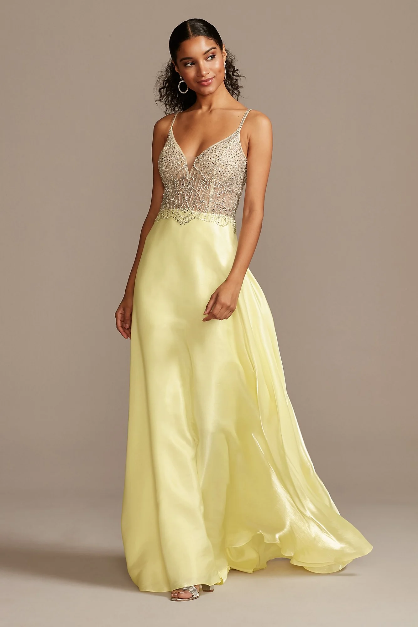 Crystal Embellished Illusion Bodice Satin Gown