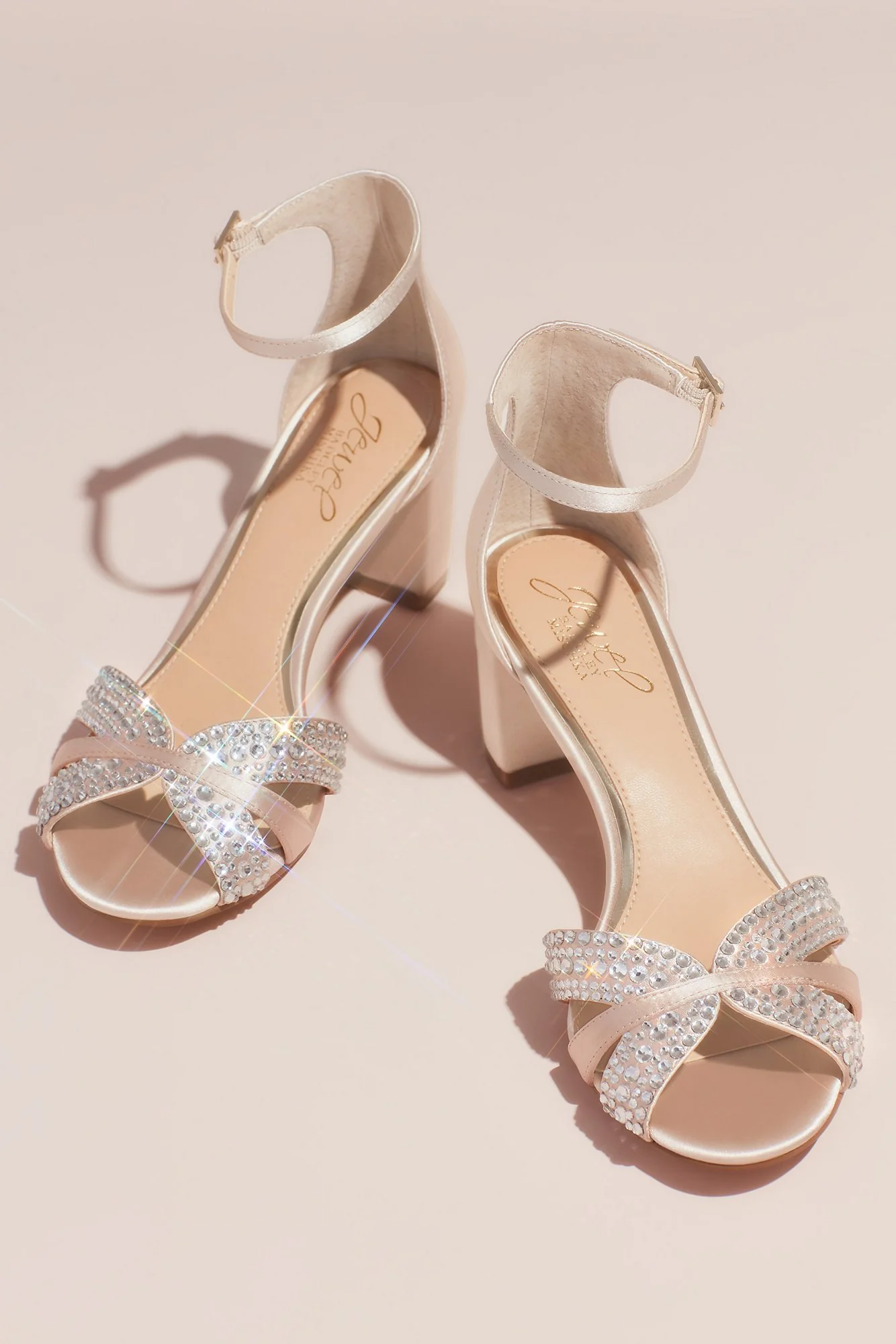 Crystal Embellished Strap Satin Block Heel Sandals