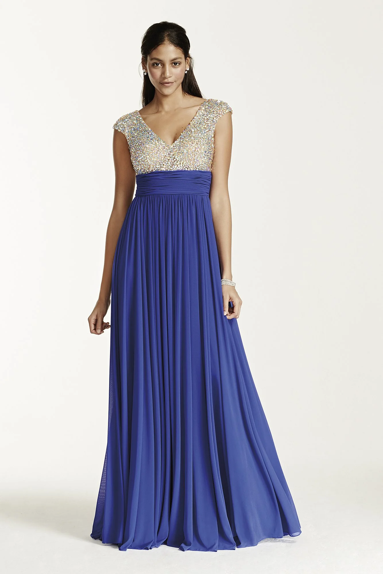 Crystal Encrusted Cap Sleeve Bodice Prom Dress