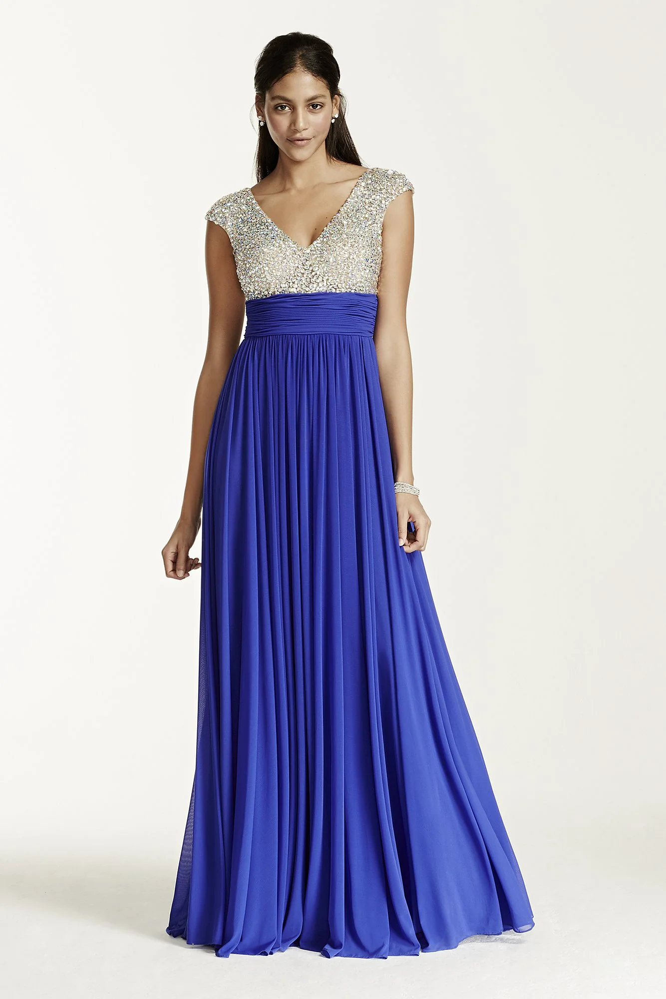Crystal Encrusted Cap Sleeve Bodice Prom Dress - Image 2