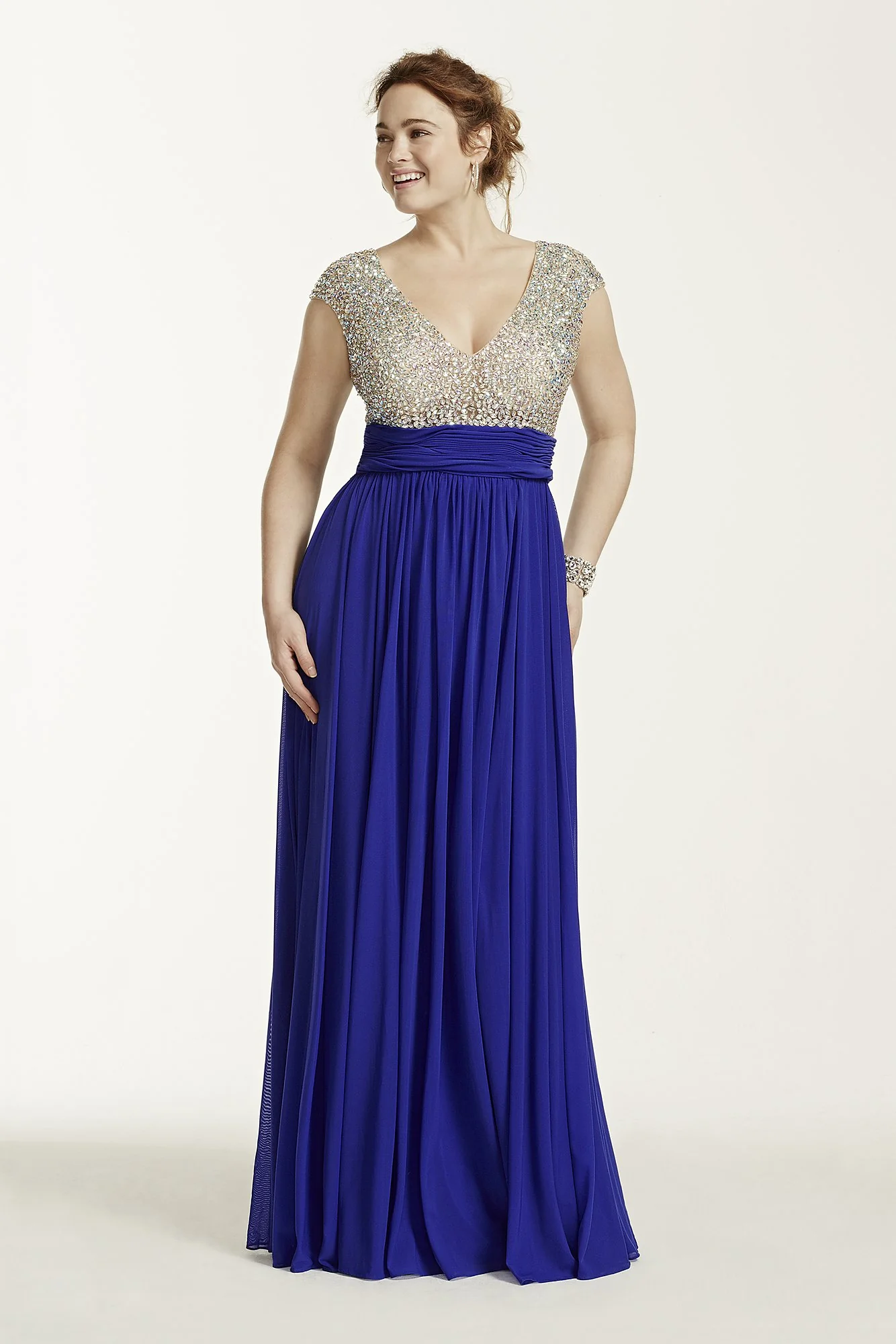 Crystal Encrusted Cap Sleeve Bodice Prom Dress - Image 3