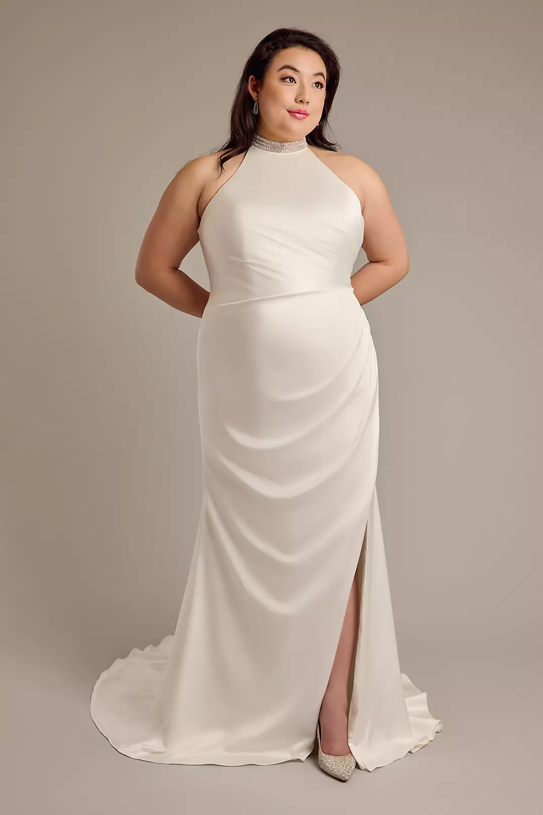 Crystal Halter Charmeuse Sheath Wedding Dress - Image 14