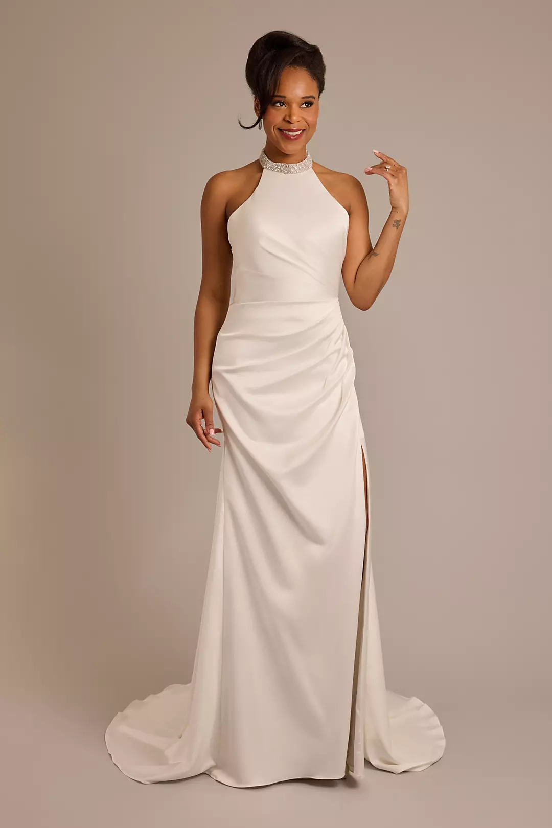 Crystal Halter Charmeuse Sheath Wedding Dress - Image 5