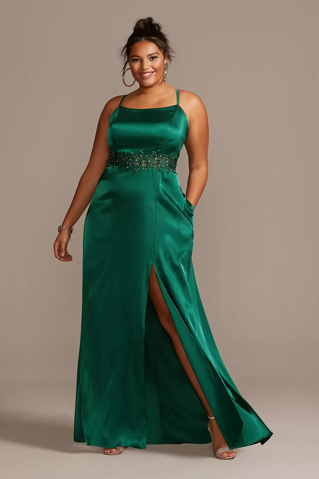 Crystal Illusion Waist Spaghetti Strap Satin Gown - Image 3