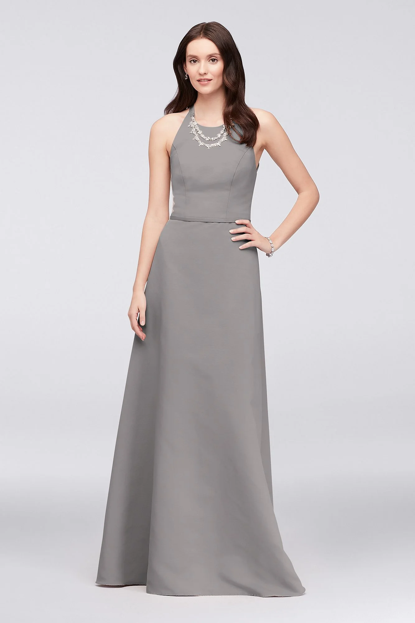 Crystal Necklace Faille A-Line Bridesmaid Dress - Image 10