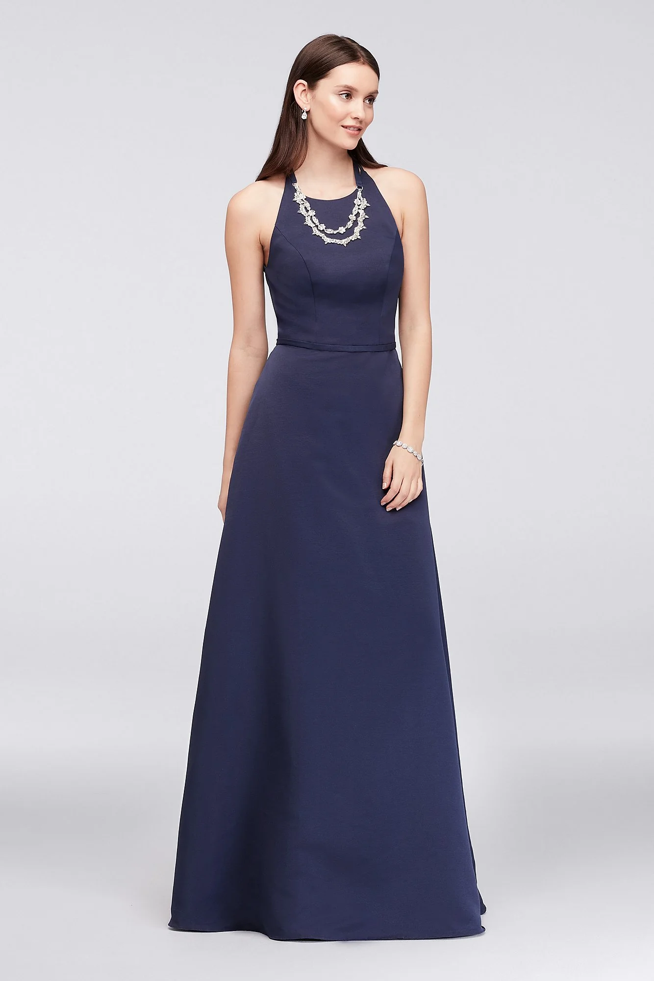 Crystal Necklace Faille A-Line Bridesmaid Dress - Image 13