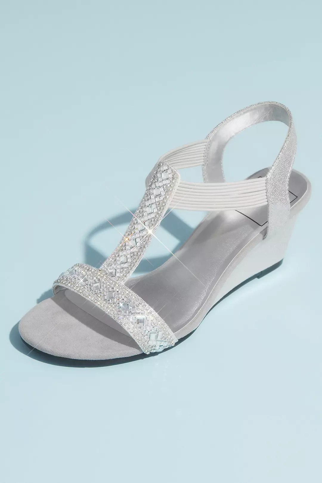 Crystal Pull On Metallic T-Strap Wedge Sandals - Image 2