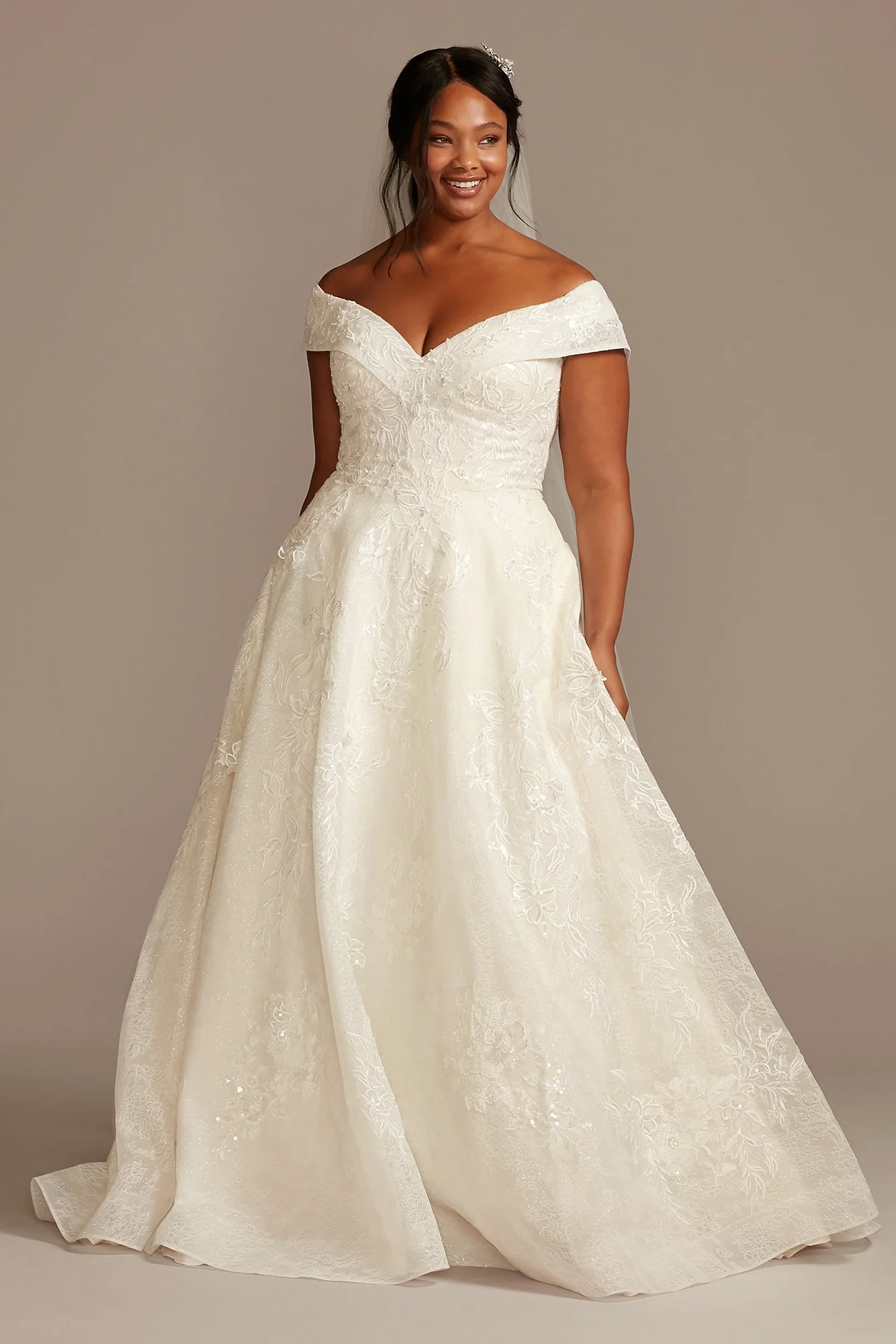 Cuff Off the Shoulder Lace 3D Floral Wedding Dress - Image 3