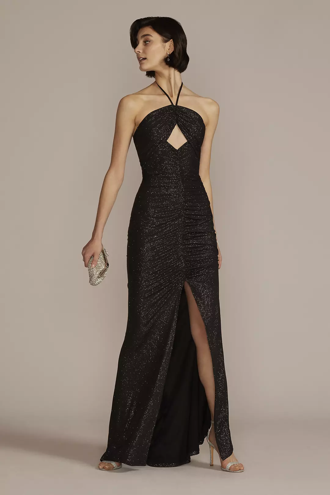 Cutout Glitter Halter Dress with Ruched Skirt - Image 12