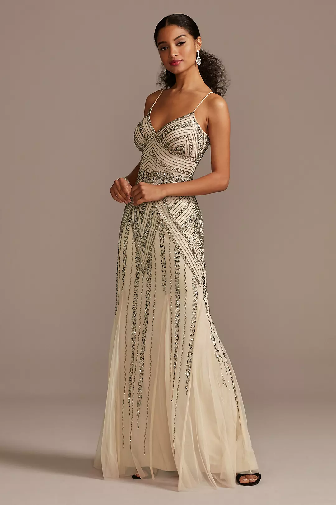 Deco Beaded Mesh A-Line Gown with Godet Skirt - Image 6