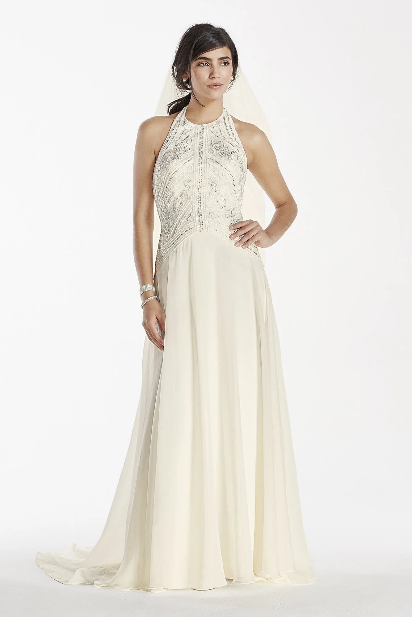 Deco-Inspired Beaded Chiffon Halter Gown - Image 2