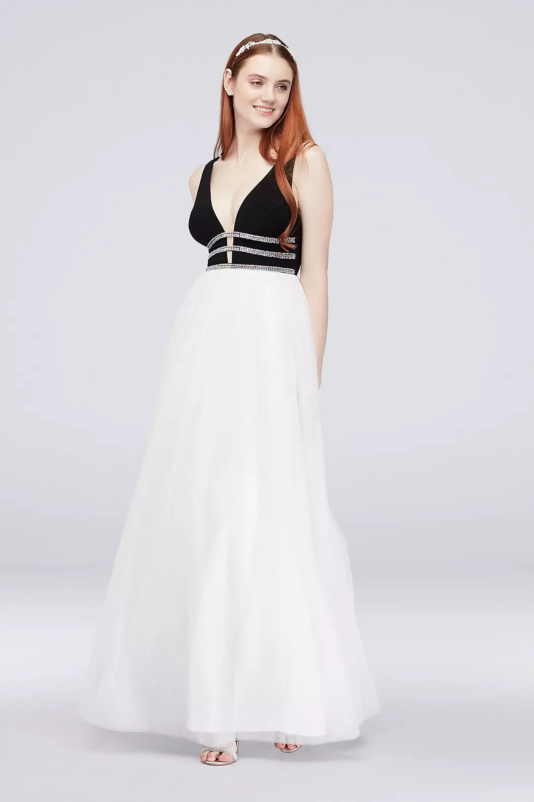 Deep V-Neck Ball Gown with Three Crystal Rows - Image 5