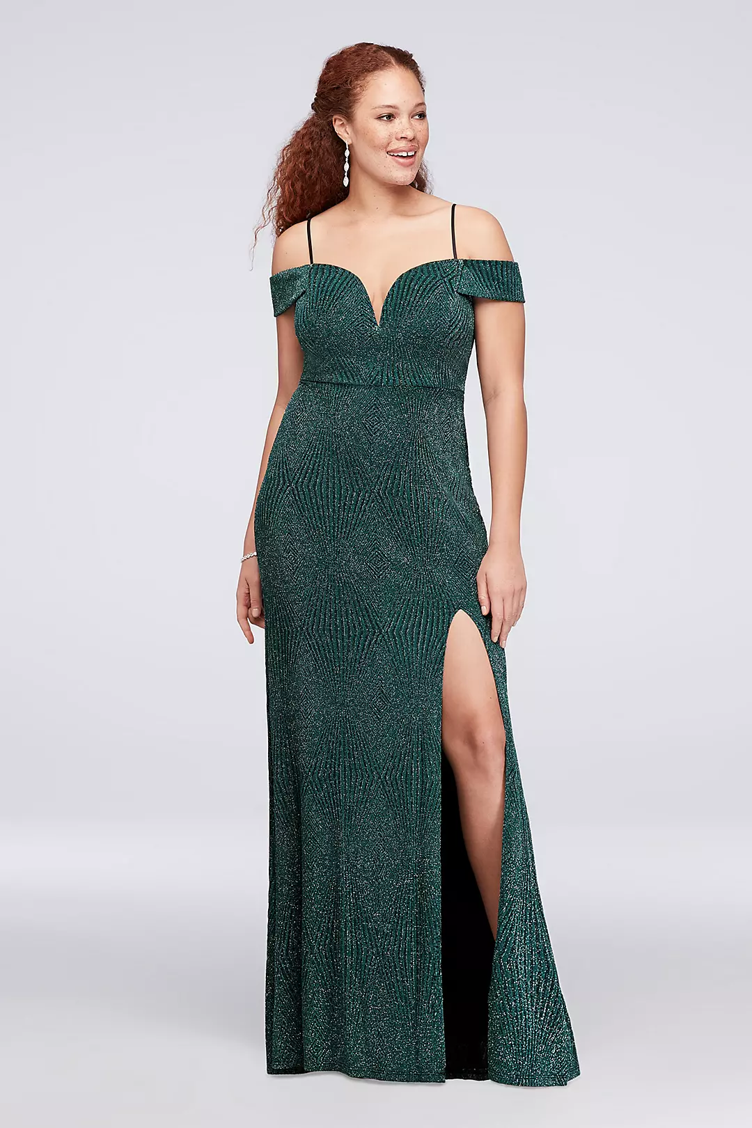 Deep V-Neck Cold Shoulder Glitter Sheath Gown - Image 3