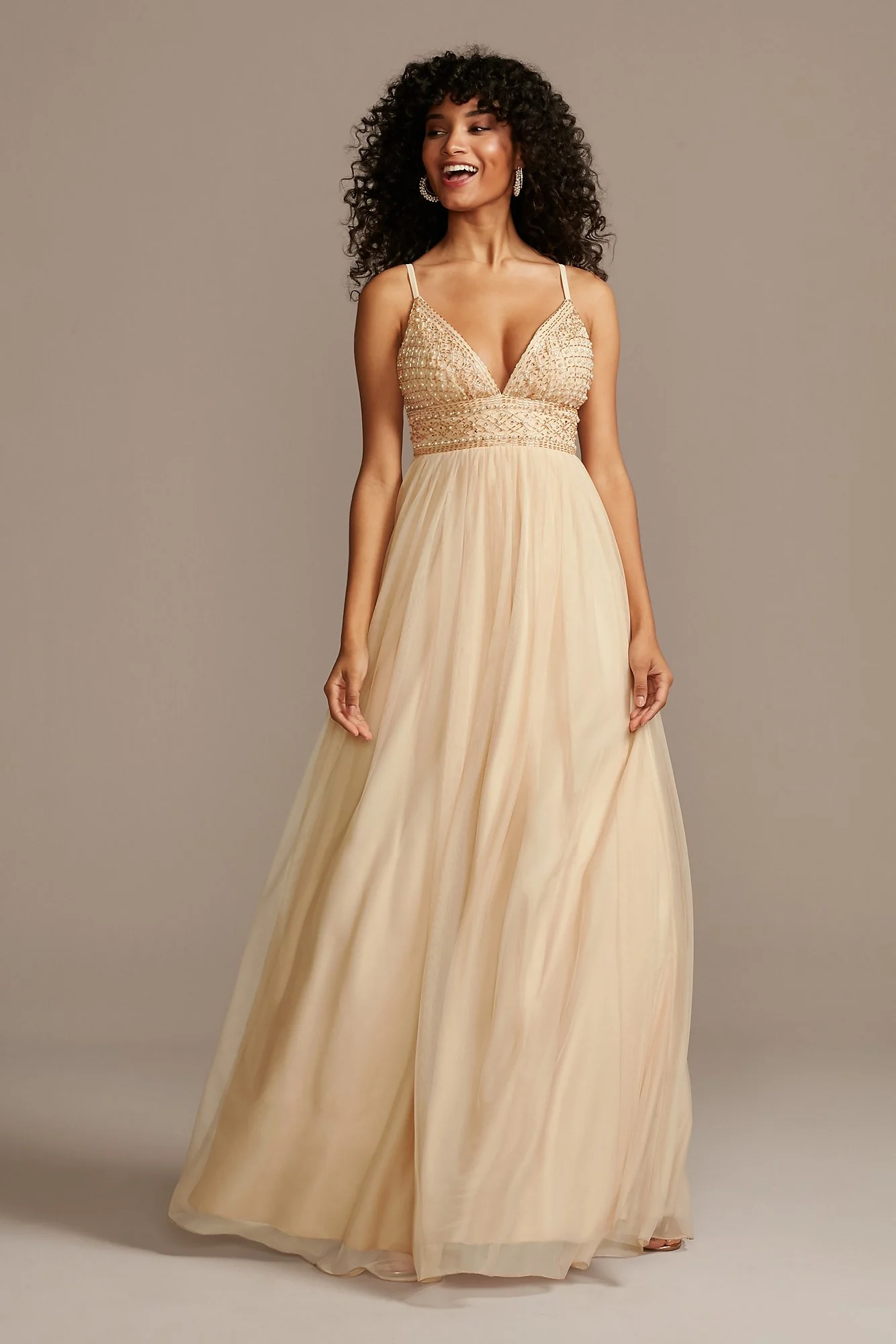 Deep-V Pearl Beaded Bodice Tulle Gown - Image 3