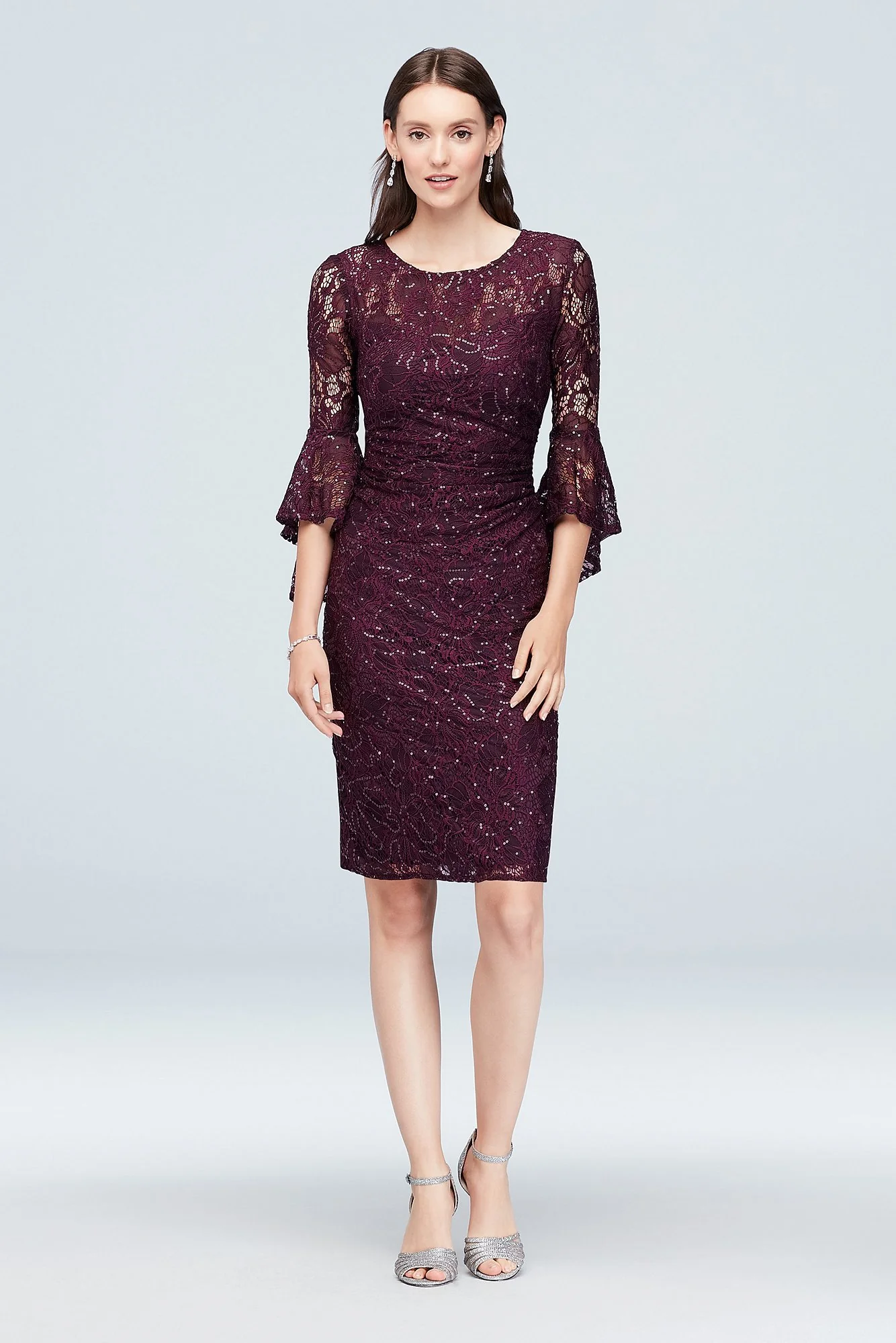 Draped Bell Sleeve Glitter Lace Cocktail Dress