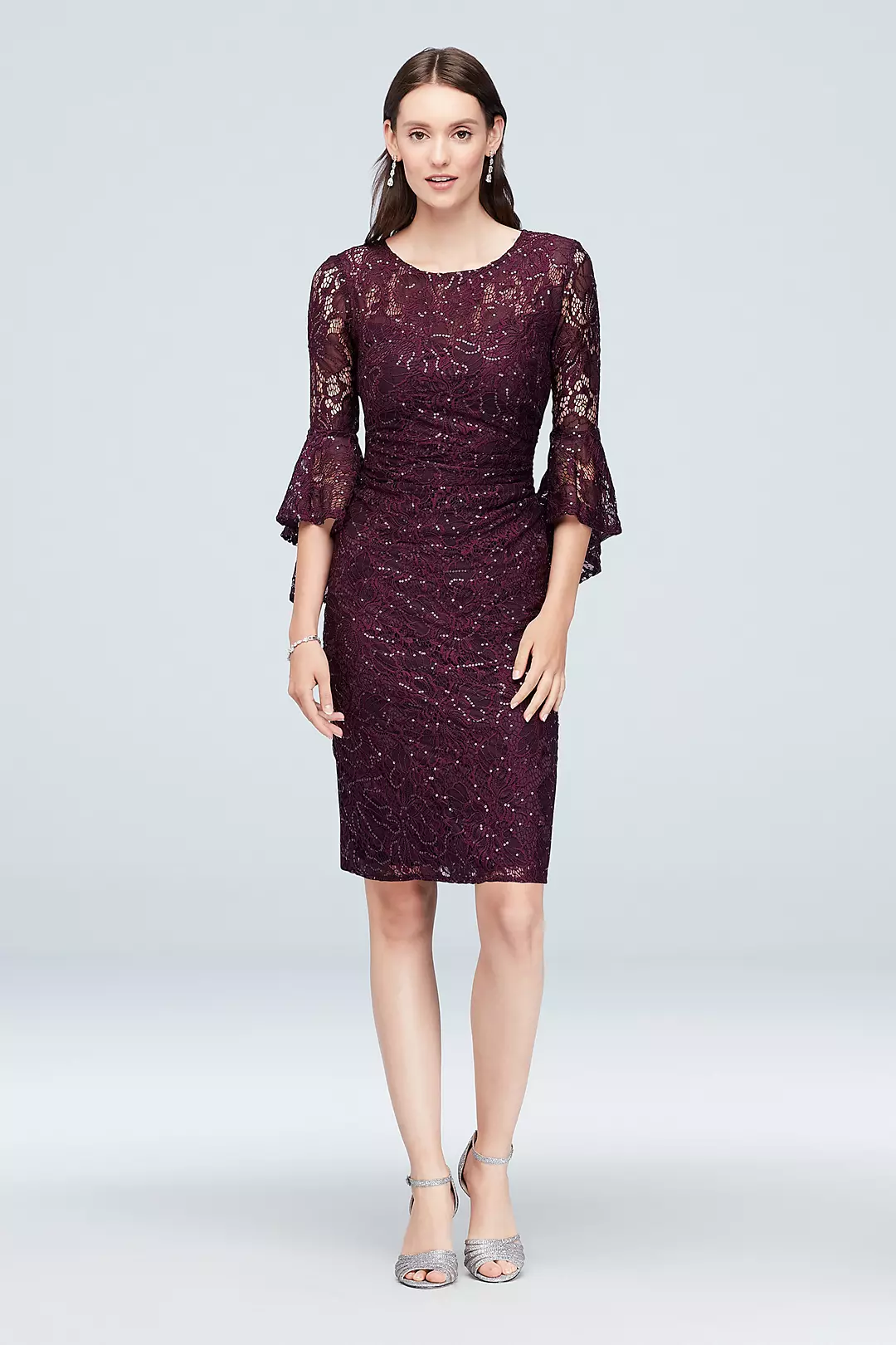 Draped Bell Sleeve Glitter Lace Cocktail Dress - Image 2